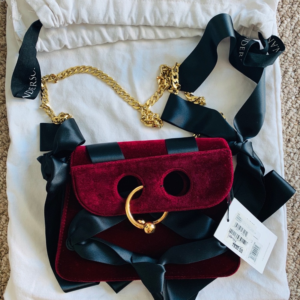JW Anderson Mini Pierce Velvet Crossbody Burgundy